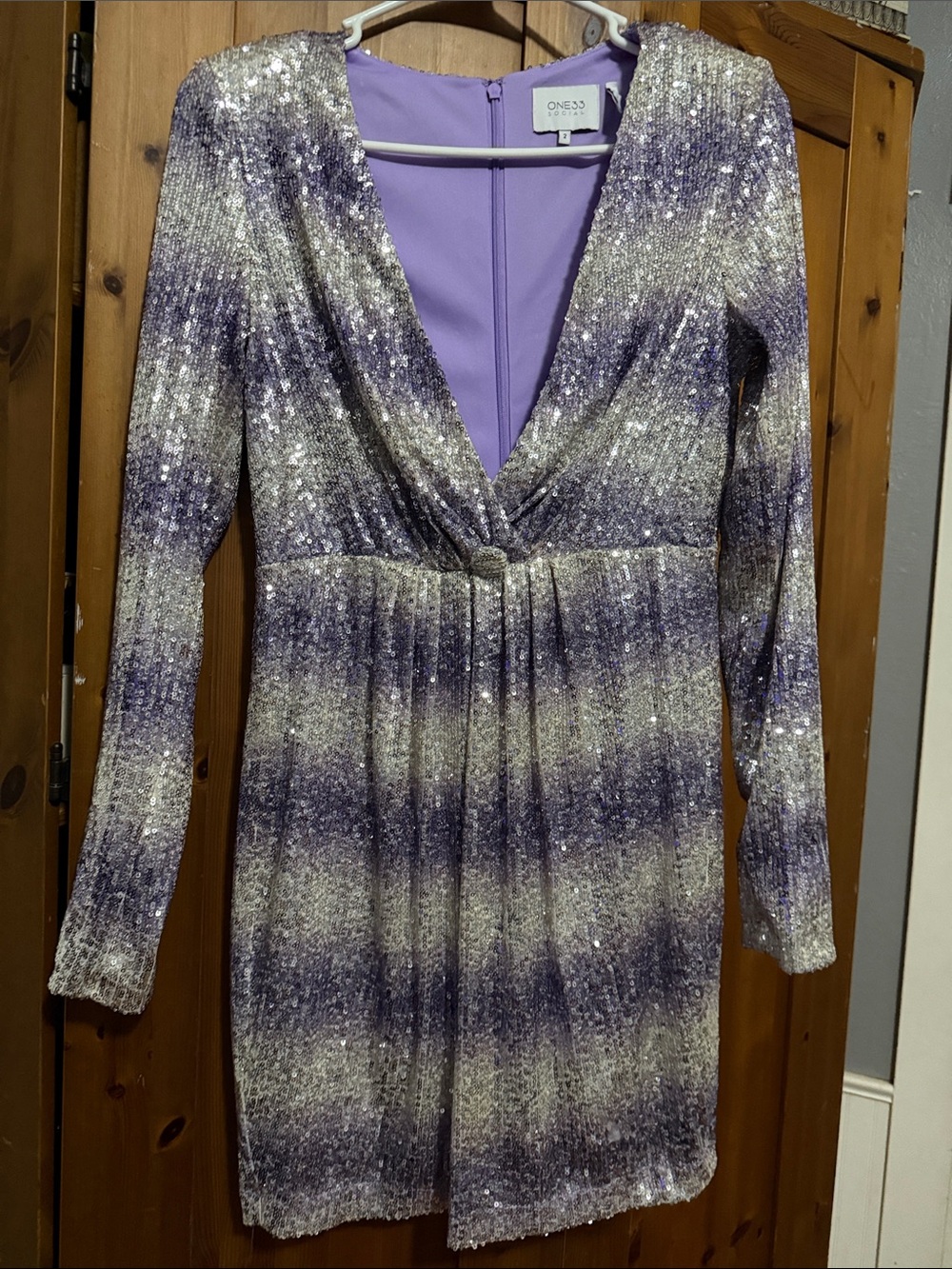One33 Lavender Sequin Ombre Wrap-Style Long Sleeve Dress